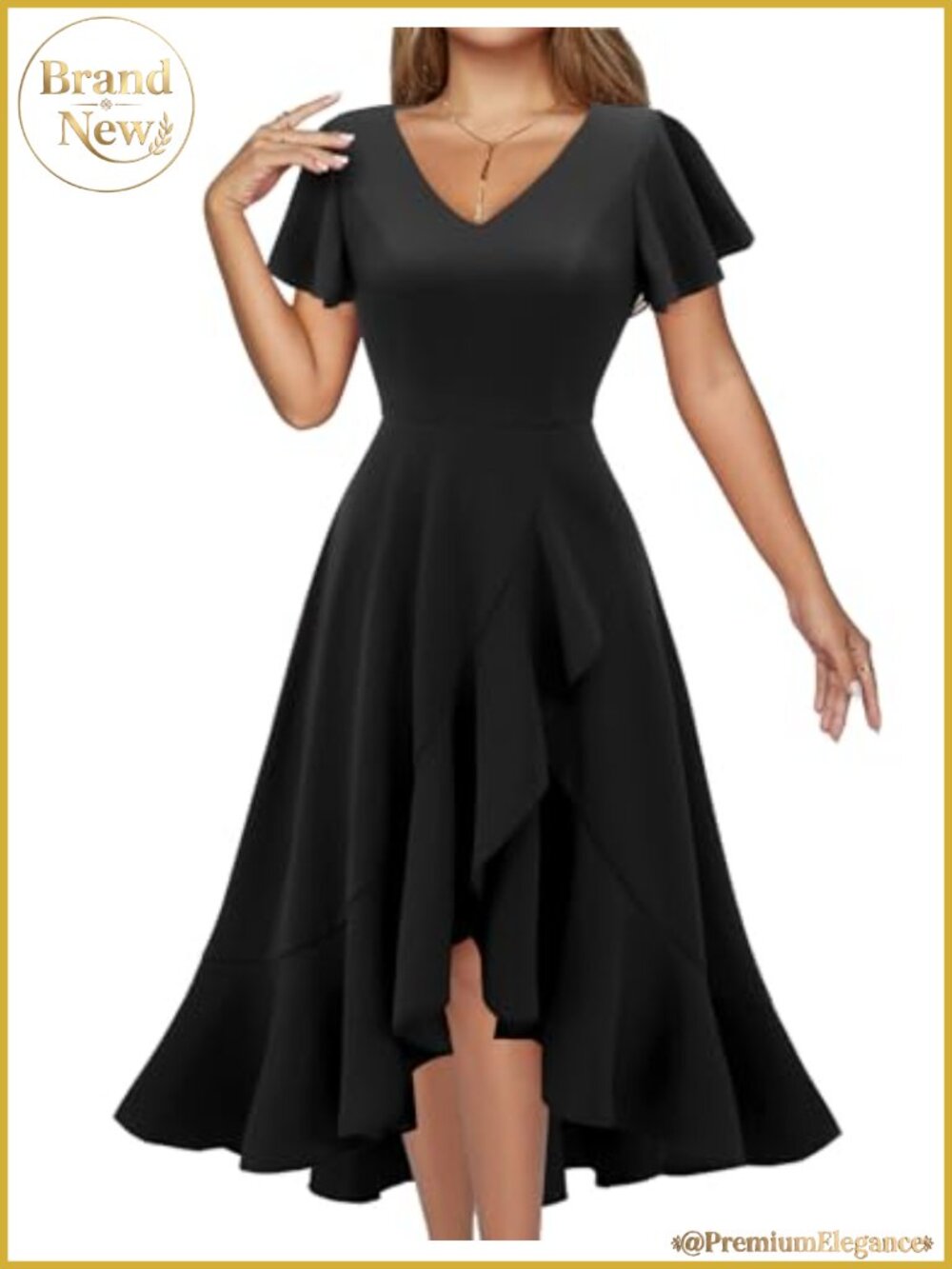 Ruffle V-Neck Fit & Flare Midi Cocktail Dress with Zipper